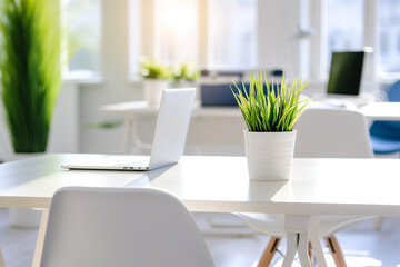 AI Generated Image. Laptop on a white desk in bright modern loft business office