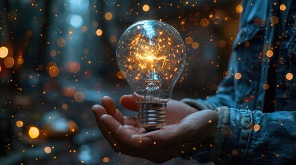 Businessman holding creative light bulb with growth graph and aerospace icons. Leveraging aerospace innovation technology to pioneer new solutions and advancements that elevate successful
