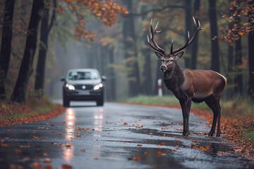 AI Generated Image. Male deer on a wet road in front of a car