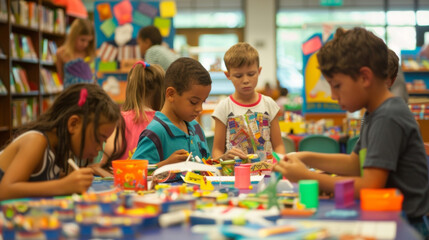 DIY activity stations at community centers and libraries offer children the chance to create their own unique crafts and take them home as a souvenir of the day. - obrazy, fototapety, plakaty