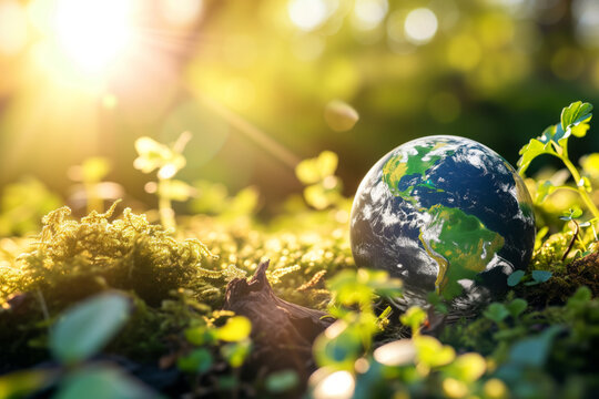AI Generated Image. Earth planet globe on a fresh grass. Earth Day and Environmental concept