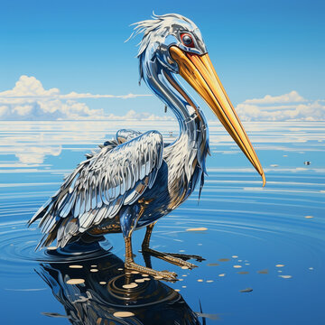 a metallic pelican with a chrome finish floating on the sea created with Generative Ai