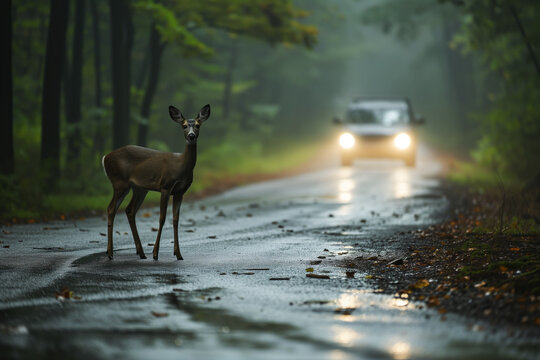 AI Generated Image. Young deer on a wet road in front of a car