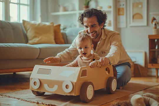 Father playing with his son in a cardboard car. Generative AI