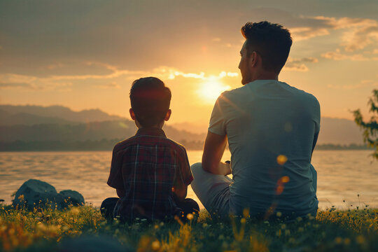 Father and son bonding by the lake at sunset. Generative AI