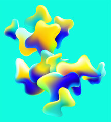 Colorful iridescent shapes. Set of 3d isolated blue and yellow liquid bubbles. Abstract design elements. - 747215802
