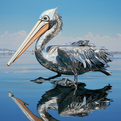 a metallic pelican with a chrome finish floating on the sea created with Generative Ai