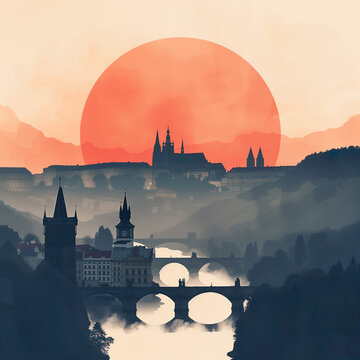 Artistic rendering of a sunrise behind Prague's iconic skyline, featuring the Charles Bridge and Prague Castle. Generative AI