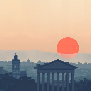 A serene illustration of an urban sunrise, with the sun's sphere dominating the horizon over classic architecture. Generative AI