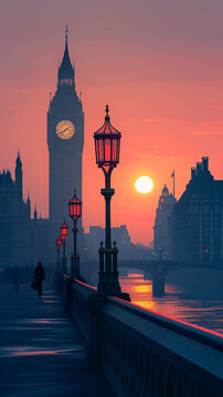 AI generated serene twilight scene featuring London iconic Big Ben and Westminster Bridge lamps. Generative AI