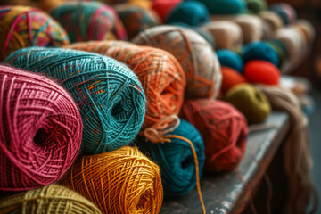 Generative AI illustration of rows of colorful wool yarn balls line up, presenting a rainbow of options for crafting enthusiasts at a local market