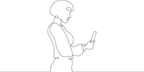 A child stands with a phone in his hand. A girl is talking on a smartphone. One continuous line . Line art. Minimal single line.White background. One line drawing.