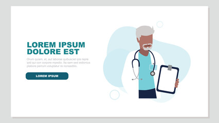 Vektor-Illustration eines männlichen Arztes mit einem Stethoskop, der eine Krankenakte hält - Gesundheitskonzept