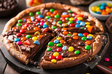 Sliced chocolate candy pizza