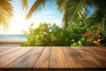 wooden table with summer tropical sea and  blue sky with clouds background,