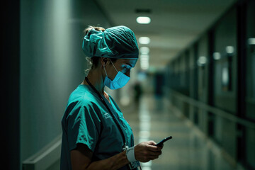 Nurse checking smartphone in hospital corridor. Generative AI image