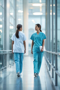 Medical staff conversing in hospital corridor. Generative AI image