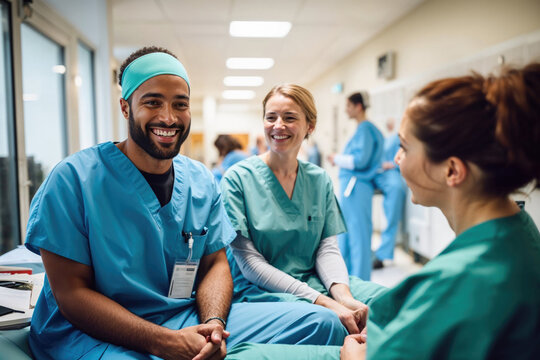 Friendly medical team interacting in hospital hallway. Generative AI image
