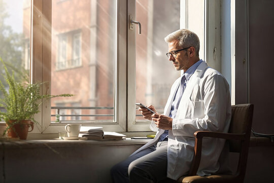Thoughtful doctor using smartphone by hospital window. Generative AI image