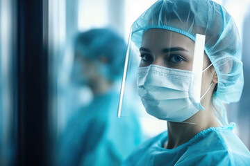 Healthcare professional in surgical gear at hospital setting. Generative AI image