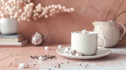 Hot chocolate with marshmallows on light Background