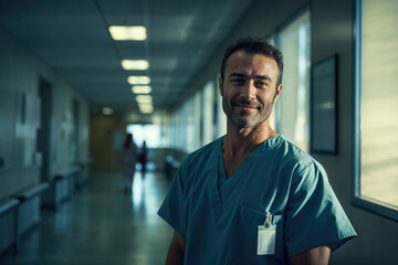Confident medical professional standing in a hospital hallway. Generative AI image