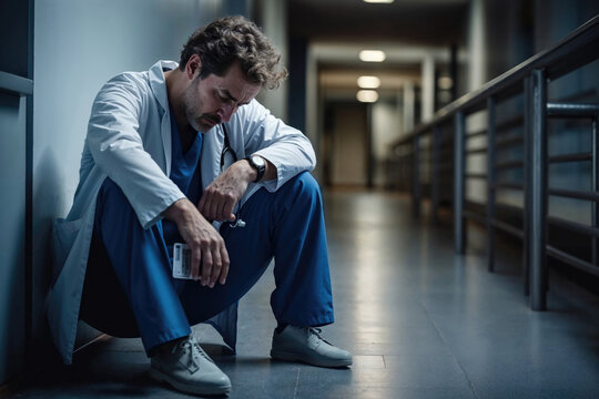Tired medical professional sitting in hospital corridor. Generative AI image