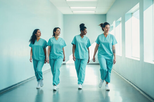 Medical staff walking together in hospital corridor. Generative AI image