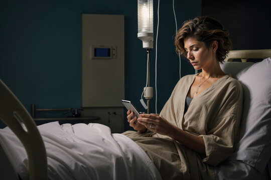 Female patient using smartphone in hospital bed at night. Generative AI image