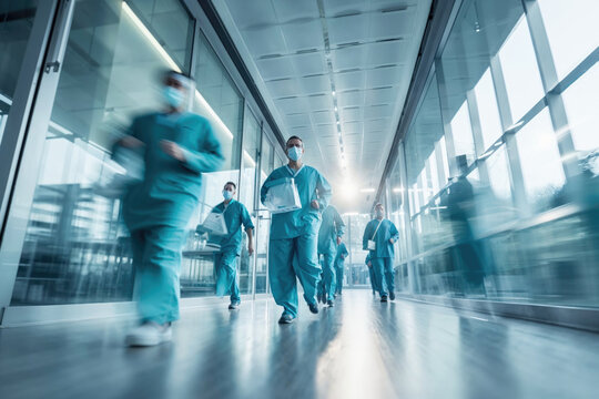 Urgent response team rushing in a hospital hallway. Generative AI image