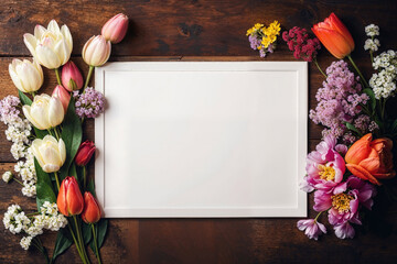 Spring flowers around blank frame on wooden background. Generative AI image