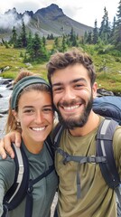 Vertical portrait of young couple on a mountain smiling