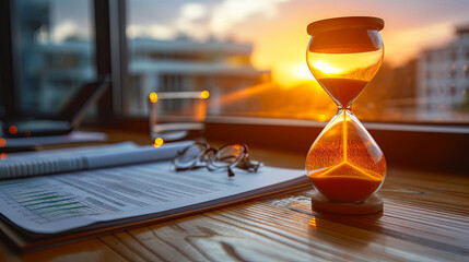 The concept of deadline. Hourglass on report background in office with beautiful sunset view  - obrazy, fototapety, plakaty