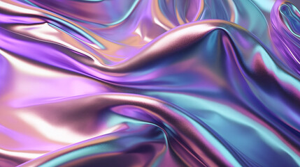 Obraz premium Fond texturé comme un drap satiné, de soie. Matière métallique, irisée. Couleurs dégradés rose, violet et bleu. Argenté, holographique. Fond pour conception et création graphique. 