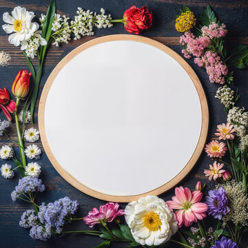 Floral frame with empty space on dark background. Generative AI image
