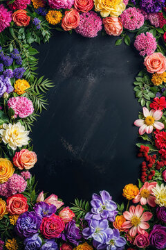 Colorful flower border with dark background for copy space. Generative AI image