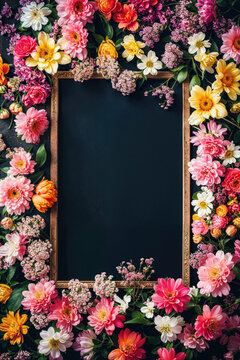 Colorful flowers framing a chalkboard with space for text. Generative AI image