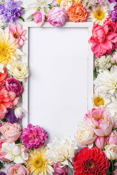 Vibrant Flowers Surrounding Blank Frame for Cards. Generative AI image