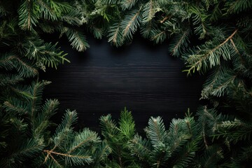 photograph of Christmas frame of tree branches telephoto lens photorealistic daylight --ar 3:2 Job ID: 3bd94293-ee99-49d0-a975-00a3320f0da7 - obrazy, fototapety, plakaty