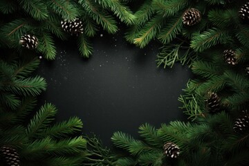Christmas frame on black background,Christmas frame of tree branches 