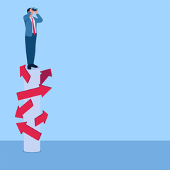 Man binoculars over confusing road signs, illustration for choice.