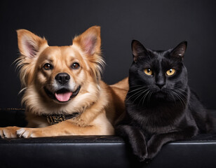 A dog and a black cat rest together on a dark surface
