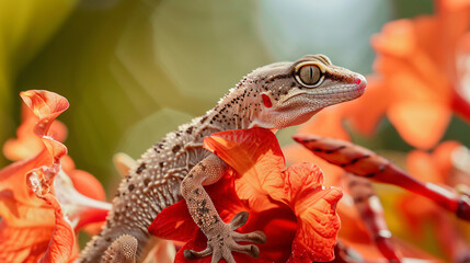 Indian animals. Tropical House Gecko on red flower
