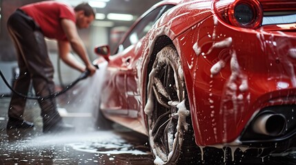 Man is Washing Away Smart Soap and Foam with a Water High Pressure Washer. Red Performance Car Getting Care and Treatment at a Professional Vehicle Detailing Shop. - obrazy, fototapety, plakaty