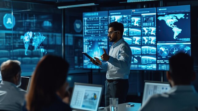 Male Indian Computer Scientist With Tablet Giving Presentation to Diverse Team Of Data Analysts In Front Of Big Digital Screen In Monitoring Room. Colleagues Listening To Training On Automation.