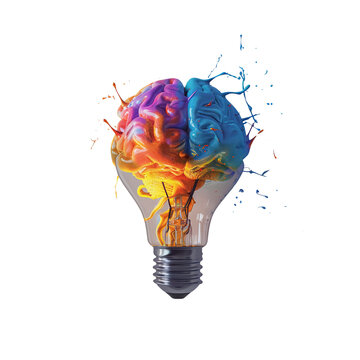 Creative spark ignites, dark brain with colorful lightbulb. creativity and problem solving, mind at work.