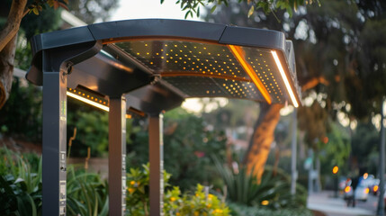 A closeup of a compact solar panel attached to a bus shelter providing power for charging stations and lighting. The shelter is located in a residential area showcasing how - obrazy, fototapety, plakaty