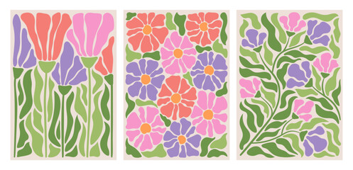 Fototapeta na wymiar Abstract flower posters set. Trendy botanical wall arts with floral design in danish pastel colors. Matisse-inspired floral paintings. Decorative contemporary botanical elements. Vector naive art