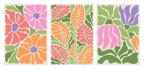 Abstract flower posters set. Trendy botanical wall arts with floral design in danish pastel colors. Matisse-inspired floral paintings. Decorative contemporary botanical elements. Vector naive art