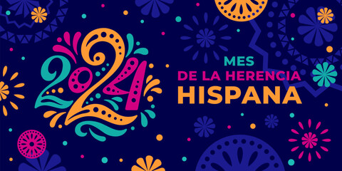 Hispanic heritage month 2024. Vector web banner, poster, card for social media, networks. Greeting in Spanish Mes de la herencia hispana text, Papel Picado pattern, perforated paper, blue background.